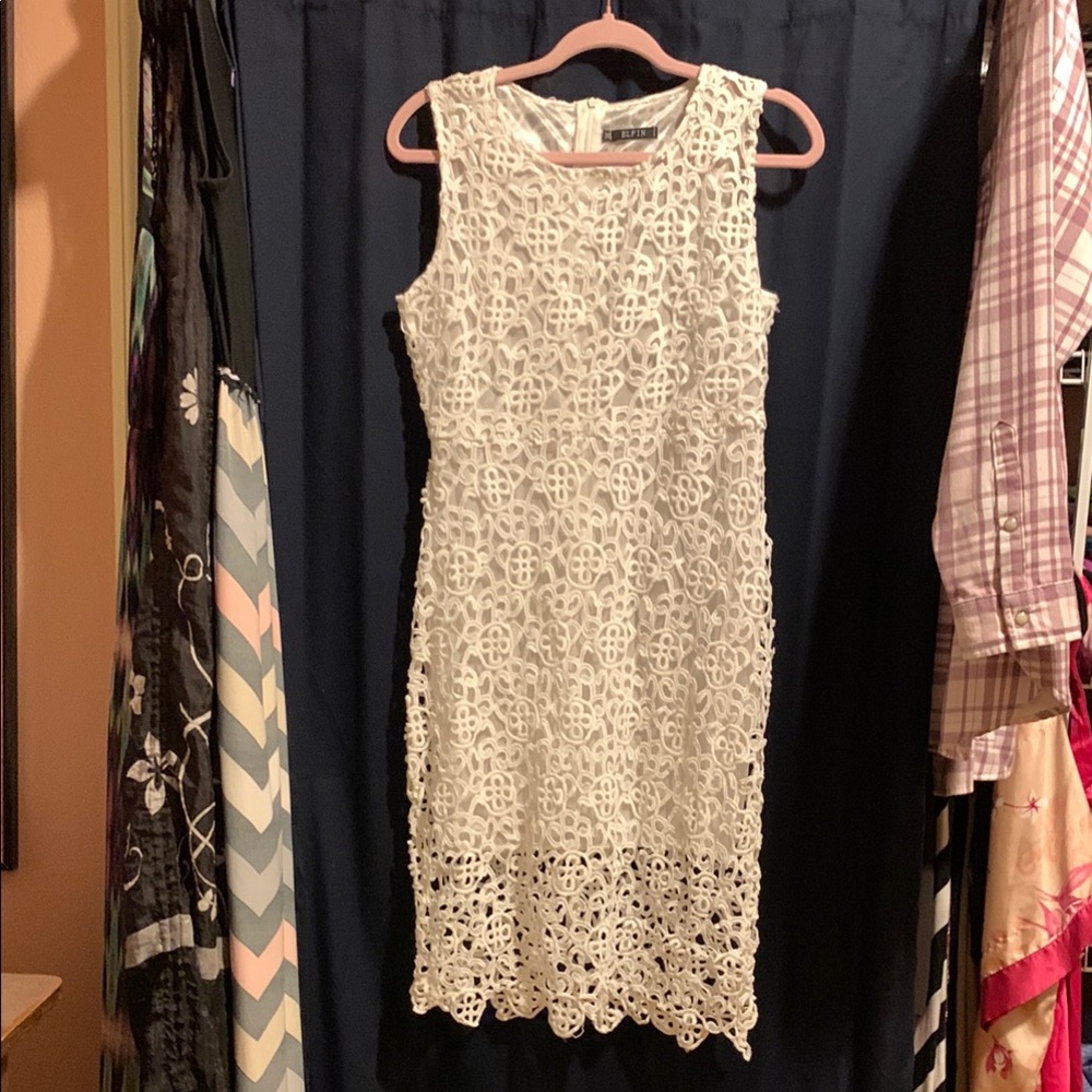 ELFIN White Sleeveless Sheath Midi Dress Crew Neck